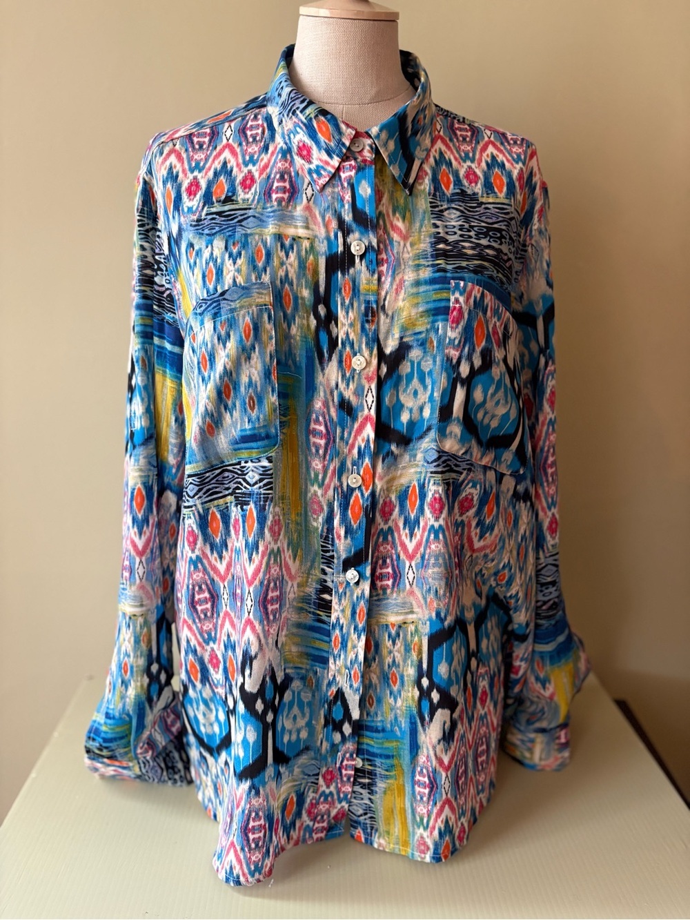 Jones New York Sport Multicolor Ikat Print Blouse- Blue, Pink, Orange, Yellow XL